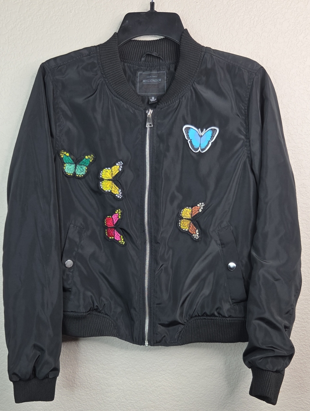 Miss London Black Bomber Jacket with Multicolor Butterfly Patches